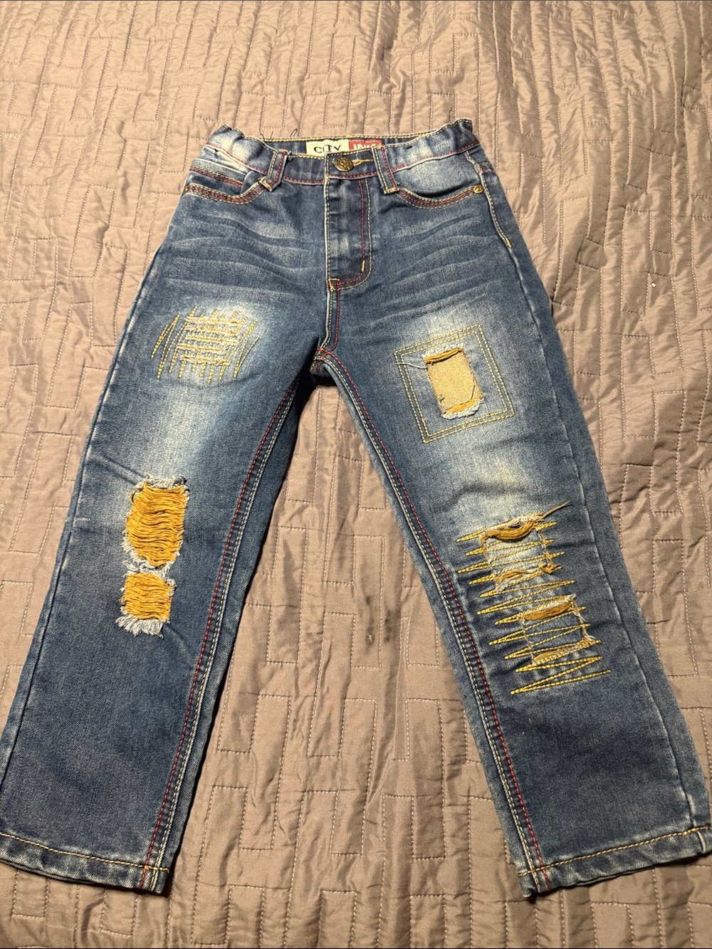 Kids Distressed Blue Jeans with Yellow Patch Details